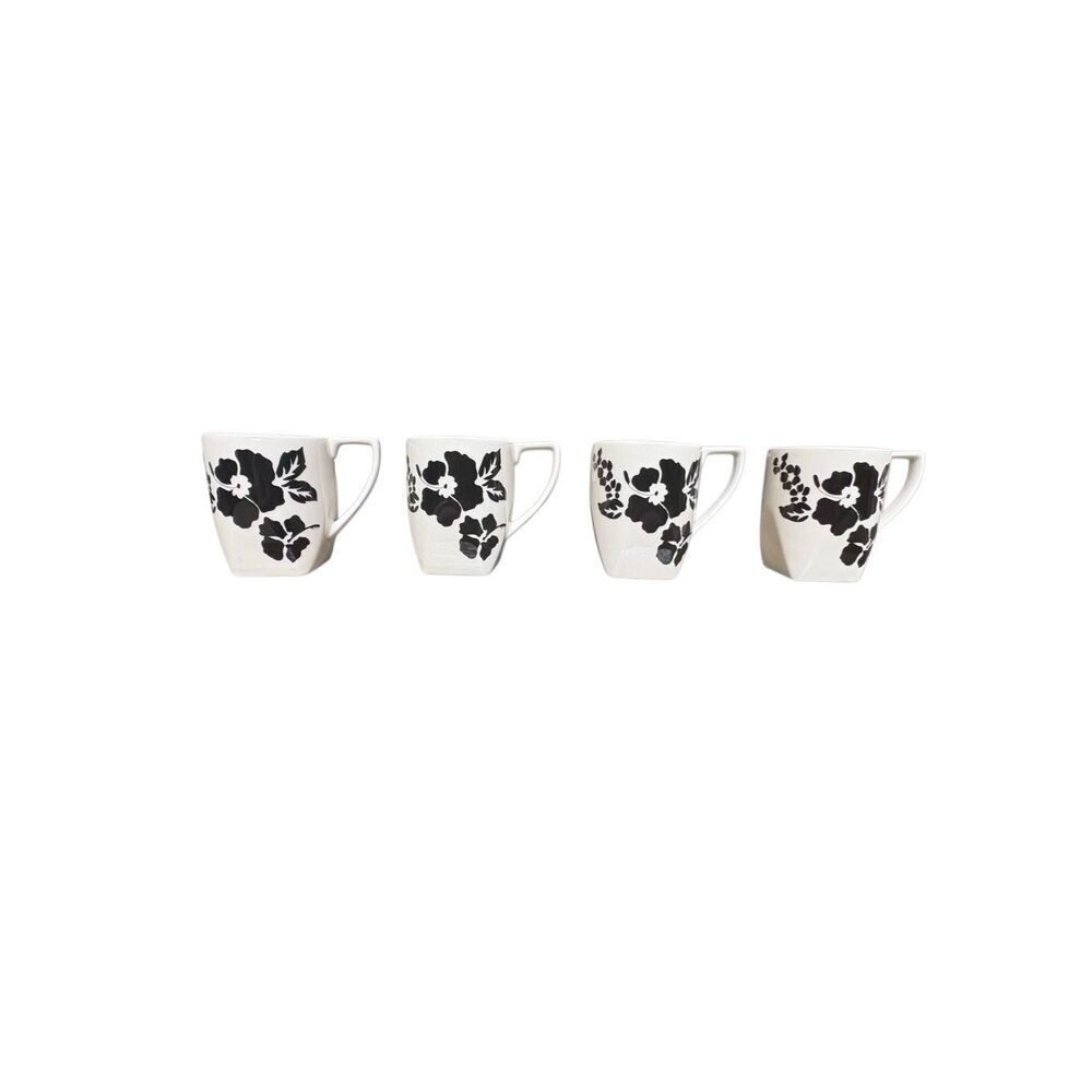 Coventry Freedom Fine Porcelain Black Floral Coffee Mugs Set of 4 White Black Hi